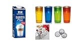 Weihenstephan Barista Milch 3% Fett, haltbare Vollmilch mit Drehverschluss 1l, Milch + + 4 Latte Gläser 380ml metallic Farben siehe Bild 380ml 3 Edelstahlschablonen W