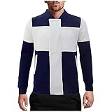 Men's Autumn and Winter Blouse Tops Cotton Plaid Color Block Sports Coat Zipper Jacket (Navy, M)