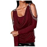 Schulterfrei Strass Tops Damen V-Ausschnitt Sexy Party Oberteile Langarm Bluse T Shirt Oberteil Falten Warp Bluse Casual Club Bar Langarmshirt Off Shoulder Elegant Tunika Oberteil Slim Sexy Top