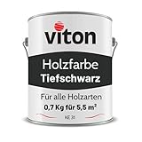 VITON Holzfarbe in Schwarz - 0,7 Kg Holzlack Seidenmatt - Wetterschutzfarbe für Außen - 3in1 Grundierung & Deckfarbe - Profi-Holzschutzlack - KE31 - RAL 9005 Tiefschw