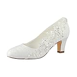 Emily Bridal Brautschuhe Frauen Seide wie Satin Stämmiger Absatz Absatzschuhe mit Stich Spitzen Blume Kristall Perle, 40 EU, Ivory