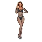 BiCophy Damen Unterwäschen Reizwäsche Netz Strumpfhose Bodystockings Hohle Blumen Frauen Bodysuit Nachtwäsche Dessous Sexy Netz Catsuit feine Spitze Overall Langarm offen im Schritt Schw