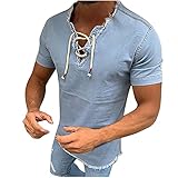 Sommer-T-Shirt für Herren, kurzärmelig, V-Ausschnitt, Kordelzug, einfarbig, lässig, gebrochene Kante, modisch, schmal, Sportbekleidung, Yoga-Shirt, Oberteile, Outdoor, Fitnessstudio, himmelblau, XXL