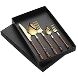 WSJQB Besteckset, Edelstahl-Dinner-Set, 5 gehören Messer/Gabel/Dessert-Gabel/Löffel/Teelöffel Geschirr (Gold),2