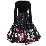 Weihnachts Kostüm Damen Rockabilly Kleid Langarm: Weihnachtskleid Rundhals A-Linie Kleid Elegant Frauen Swing Dress Blusenkleid Midikleid Cocktailkleid 1950er Jahre Vintage Abendk