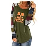 VICIKON Halloween Damen Langarmshirt,Sweatshirt Rundhals,Pumpkin Happy Halloween T-Shirt,Damen Lässige Halloween Print Collision Stripes Rundhalsausschnitt Lang
