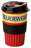 PACO Feuerwehr to-Go Coffee Becher rot mit gelb-Silber-gelb Streifen in Feuerwehroptik, 350ml, mit griffiger S