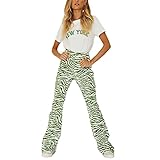 Damen-Hose mit Zebrastreifen, Y2k, sexy hohe Taille, Schlaghose, schmale Passform, Streetmode, elegant, weites Bein, Hose mit Glockenboden, Freizeithosen, grün, M