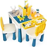 AMOSTING Höhenverstellbarer Kindertisch mit Stühle, Kinder Tisch Stuhl Set mit 100 Stück Bausteine Multifunktionaler Spieltisch Kinder zum Sp