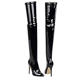 Etebella Damen Sexy Overknee Lackstiefel Spitze High Heels Stiletto Thigh Boots Abend Party Schuhe(Schwarz,39)