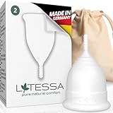 LATESSA® Menstruationstasse - SEHR GUT! getestet - Made in Germany - extra hochwertig - geruchlos - mit Aufbewahrung aus BIO-Baumwolle - Alternative zu Tampons & Binden - Größe 2 - groß - L