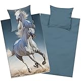 Aminata Kids Biber Bettwäsche 135x200 Kinder Pferde-Motiv aus Baumwolle, Kinder-Wende-Bettwäsche-Set mit Pferd, warm, weich & kuschelig, Kinderbettwäsche Mädchen S
