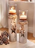 Dekoleidenschaft 2X Windlichtsäule “Stern” aus Holz und Glas, Teelichthalter im Shabby Look, Kerzenständer, Adventsdek