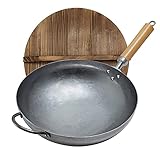 XJMXLL Wok aus Karbonstahl mit Deckel für Gasherd & Grill 1 8 mm dick traditionell handgehämmerter Karbonstahl Wok natürliche Antihaftschicht 32CM