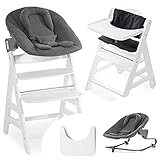 Hauck Beta Plus Newborn Set - Baby Holz Hochstuhl ab Geburt mit Liegefunktion - Premium Aufsatz für Neugeborene, Tablett & Sitzpolster - mitwachsend, verstellbar - Weiß Dunkelg