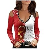 Pullover Damen Bluse Langarm Shirt Tunika Tshirt Kleidung Oberteile Tops Top Bluse Damen Spitze Casual V-Ausschnitt Gedruckt Langarm Schulterfrei (L,4rot)