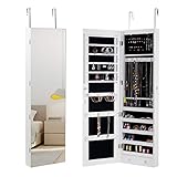 GOPLUS Schmuckschrank, Spiegelschrank, Schmuckregal hängend mit Spiegel, 120 cm hoch, mit LED Beleuchtung, Farbewahl, für Ringe, Ohrringe, Halsketten, Armbänder (Weiß)