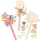 Baker Ross FE534 Windmühle Holz Bastelset - 4er Pack, Windrädchen Basteln für Kinder, Kindergeburtstage oder Kindergarte, Gemischte Tier M