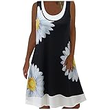 Sommerkleid Damen Midi Ärmellos Knielang Boho A-Linie Kleid U-Ausschnitt Casual Strand Kleider Lose Minikleid Strandkleider, Sommer Strandkleid Blume Drucken Gefälschtes Zweiteilig