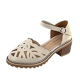 BALABUE Damen Mode Mary Jane Schuhe Lässig Alltag Ausgehöhlt Quadratischer Absatz Lederschuhe Frauen Einfarbig Flache Sandalen Sommer Elegant Penny Loafer Freizeitschuhe Bankettschuhe (Beige B,35)