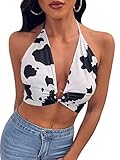 SOLY HUX Damen Tiefer V-Ausschnitt Neckholder Tie Back Zebra Print Rückenfrei Crop Cami Top, Schwarz-weiße Kuh,