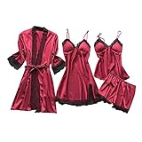 TaFoyu Damen Pyjama Set 4 Stück Set Satin Nachthemd Shorts Schlafanzug Spitze Nachtwäsche Sexy Seiden Nachtkleid Negligee Robe Rot S
