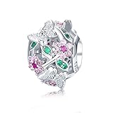 PHOCKSIN Charm-Anhänger Schmetterling in Blumen aus 925er Sterlingsilber, für Armbänder, rosa und grüne Zirk