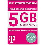 Telekom MagentaMobil Prepaid L SIM-Karte ohne Vertragsbindung I inkl. 5 GB & Allnet Flat (Min, SMS) in alle dt. Netze + EU-Roaming I Surfen mit 5G/ LTE Max & HotSpot Flat I 15EUR Startguthab