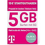 Telekom MagentaMobil Prepaid L SIM-Karte ohne Vertragsbindung I inkl. 5 GB & Allnet Flat (Min, SMS) in alle dt. Netze + EU-Roaming I Surfen mit 5G/ LTE Max & HotSpot Flat I 15EUR Startguthab