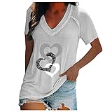 Sommer T Shirt Berteile Damen Kurzarm Tops Casual Locker V Ausschnitt Herzmuster Basic Shirt Elegant Bluse(Weiß,L)