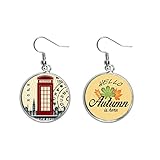London Telephone Booth Stamp UK Country City Ohrläppchen Anhänger Herbst Blatt Ohrring Schmuck