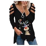TRIGLICOLEUM Weihnachten Langarmshirt Damen Heißes Bohren Weinglas Print Bluse Tunika Sexy Schulterfreie Oberteile V-Ausschnitt Basic Hemden mit Reißverschluss Herbst Winter L