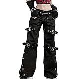 YEMOCILE Damen High Waist Schwarz Cargo Denim Hosen Taschen Punk Baggy Hose Weites Bein Techwear J