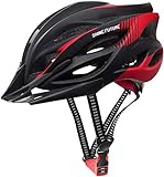 Fahrradhelm für Erwachsene, verstellbare leichte Fahrradhelme für Männer und Frauen, Rennrad- und Mountainbike-Helm mit abnehmbarem Visier und LED-Rücklicht (Schwarz + Rot)