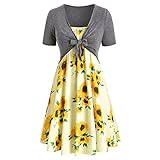 DFDLNL Midi Kleider Frauen Sonnenblumen Print Kleid Anzug Kurzarm Bogen Knoten Verband Weibliche Boho Kleid Frauen Sommer XL G