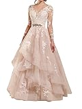 Jaeden Lange Hochzeitskleider Brautkleid Prinzessin Ballkleider Tüll Spitze Abendkleider V-Ausschnitt Langarm Rosa EUR48