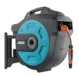 Gardena Comfort Wand-Schlauchbox 25 roll-up automatic: Schwenkbare Schlauchtrommel, 25 m Gardena Qualitätsschlauch, kurze Arretierstops, inkl. Wandhalterung, Systemteilen und Spritze (8023-20)