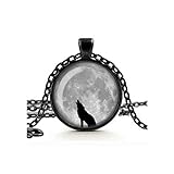 Heulender Wolf Halskette, Vollmond Halskette, Wolf-Silhouette, Glas Cameo Anhänger Cabochon Til, handgemachter Schmuck, Werwolf, Gothic Geschenk