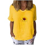 Damen Tops Casual Kurzarm T-Shirt mit Sonnenblumenmuster und V-Ausschnitt Baumwolle Leinen Lose Tunika Bluse (L,Z5 Gelb)