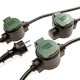 Verlängerungskabel außen 10m mit 3 Steckdosen – IP44 Verlängerungskabel bringt unauffällig Strom in den Garten – robustes Gummi-Stromkabel, Einzel-Steckdosen mit Erdspieß