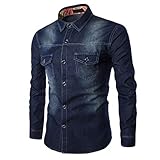 Hffan Herren Jeansjacke Stehkragenhemd Retro Denim Tops Farbverlauf Einfach Moden Design Shirt mit Brusttasche Langarm Slim Fit Casual Freizeithemd für Männer(Dunkelblau,X-Large)