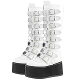 Roimaash Damen Goth Stiefel Keilabsatz Plaftorm Gotisch Kniestiefel Punk Hohe Stiefel Cosplay Stiefel Schnalle Belt Nieten Party Lange Stiefel White-PU Size 40