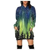 Frauen Halloween Kostüm Halloween Wald REH Print Übergroße Hoodies Sweatshirts Kleid Winter Herbst Langarm Rundhals Mit Kapuze Tunika Sweatshirts Pullover Kleid mit Tasche (Green-02, XL)