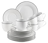 MÄSER 931935 Serie Enna, Kaffeeservice 6 Personen modern, Weiß mit Schwarzem Rand, 18-teiliges Geschirr Set mit Kaffeetassen, Untertassen & Dessertteller - Rundes Kaffeegeschirr, Kaffeeset,