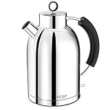 Wasserkocher Edelstahl, ASCOT Elektrischer Wasserkessel, 2200 W, 1,6 liter, Retro Design, kabelloser Teekocher, BPA frei, Trockengehschutz, automatische Abschaltung, G