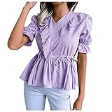 Tshirt Damen Damen T Shirts Edel Damen T-Shirt Sommer Shirts Rundhals Oberteile Sommer Langarm Shirt Zara Top Schwarz Shirt In A-Linien Form(Purple,S)