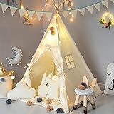 TreeBud Kinder Tipi Zelt mit gepolsterter Matte, Banner, Lichterkette, Wollknäuel, Tragetasche, Beige Baumwolle Leinwand Spielzelt für Kinder mit Quasten und Spitze, Spielhaus für Kinderzimmer Dek