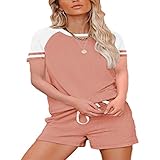 LSFYSZD Damen-Pyjama-Set, Freizeitkleidung, Jogger, 2-teilig, Sport, Yoga, Heimkleidung, Set mit kurzen Ärmeln und Shorts, Sportbekleidung, Outfits, rose, 38