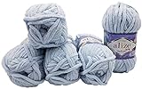 5 x 100 Gramm Alize Velluto Strickwolle, Babywolle , 500 Gramm Wolle Super soft Bulky (blaugrau 416)