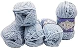 5 x 100 Gramm Alize Velluto Strickwolle, Babywolle , 500 Gramm Wolle Super soft Bulky (blaugrau 416)